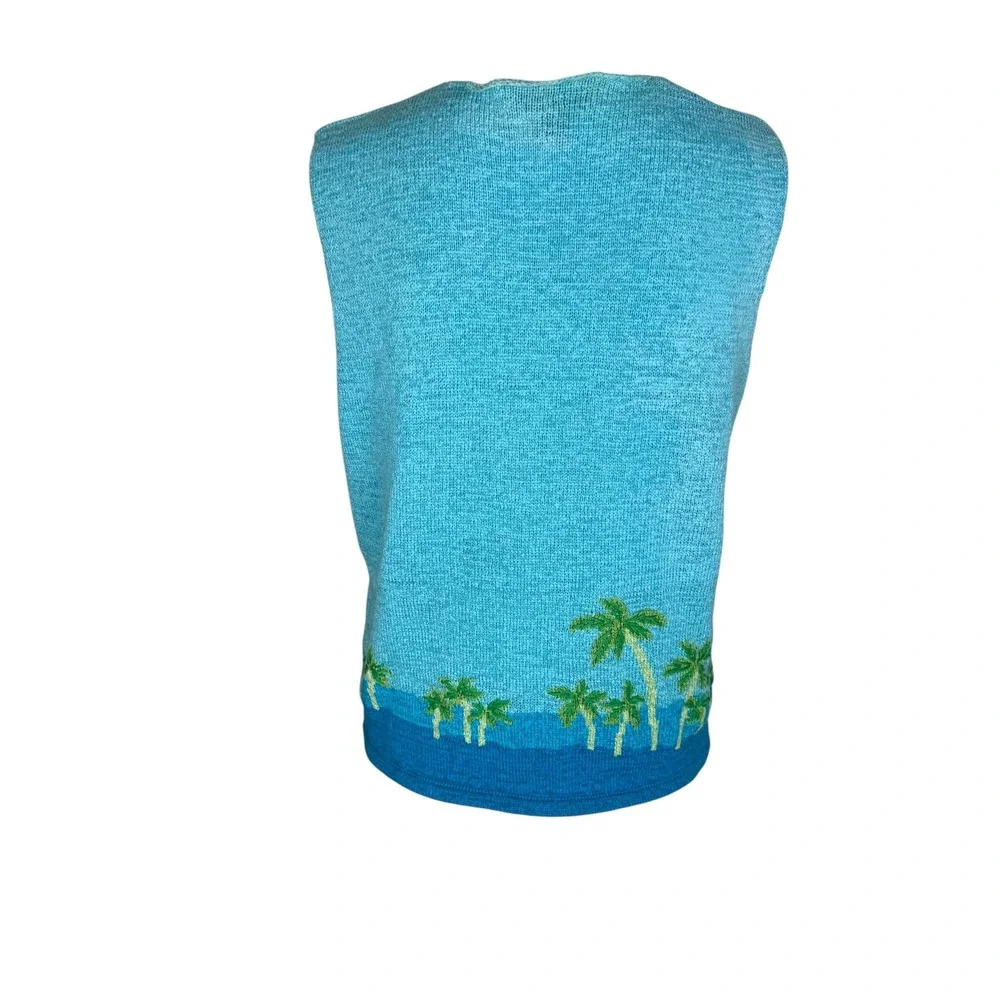 Northern Isles Flamingo Palm Tree Tropical Knit Sweater Vest Blue Womens Medium